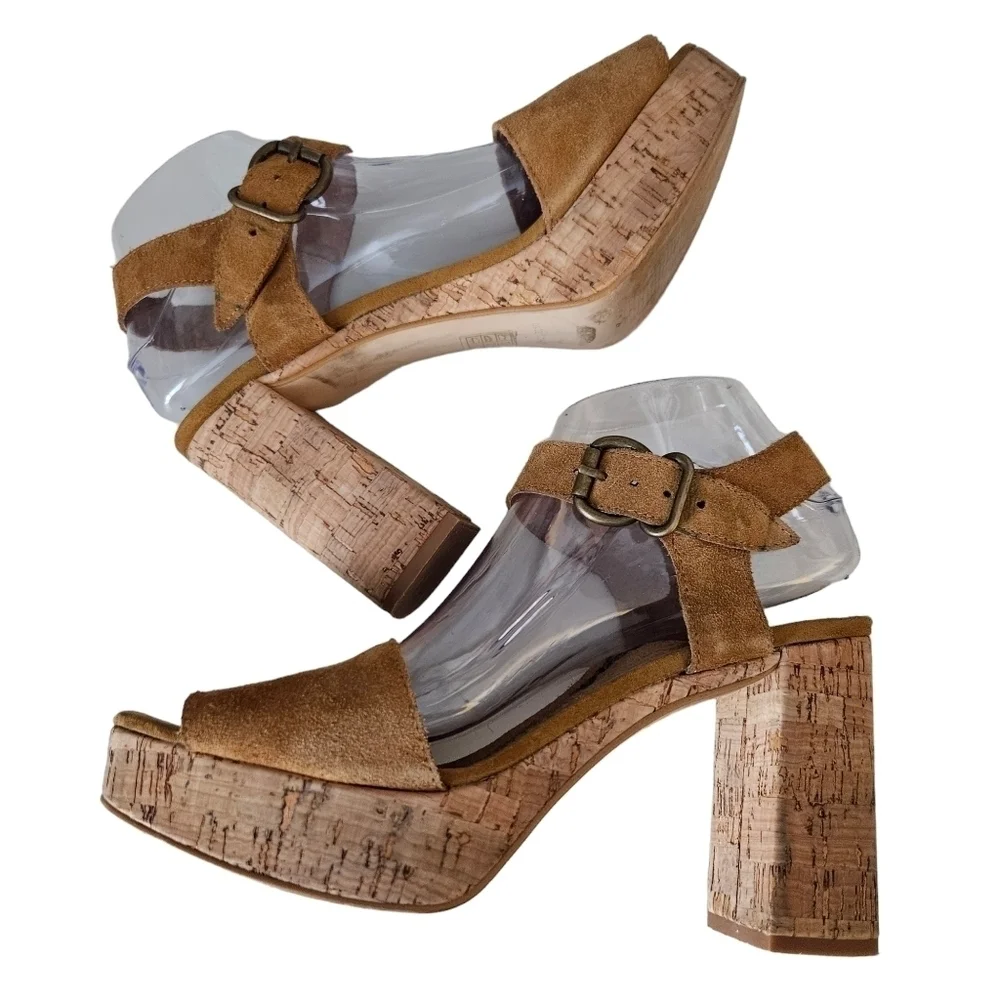 Free People Womens‎ Brook Platform Cork Black Suede Open Toe Taupe Sz 10
